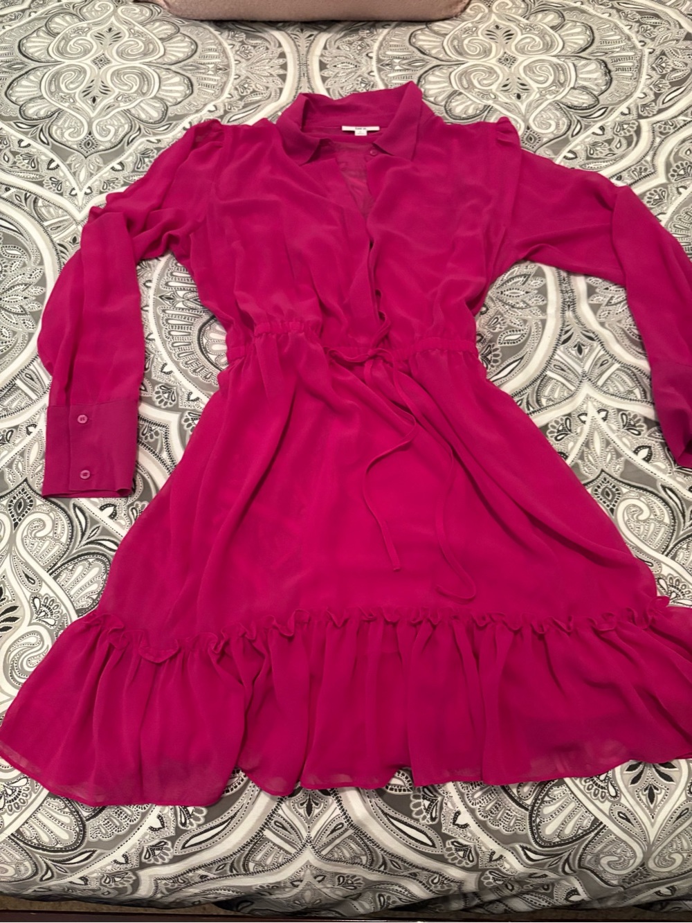 Bar III Fuchsia Sheer Long Sleeve Mini Dress | Ruffle Hem